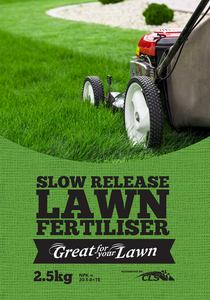Slow Release Lawn Fertiliser 2.5kg bag - A professional grade slow release fertiliser that will feed your lawn for up to three months. $25.00 per bag